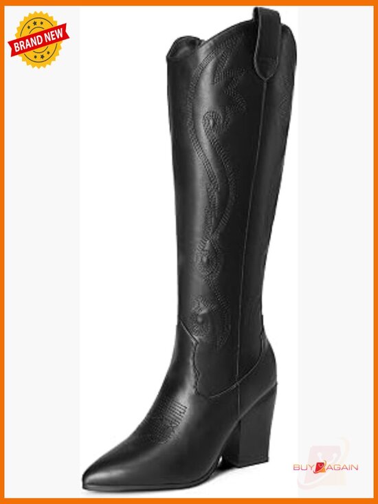 Shoes - Cowboy Boots - Knee High Chunky Heel Pointed Toe Embroidered Western Boots